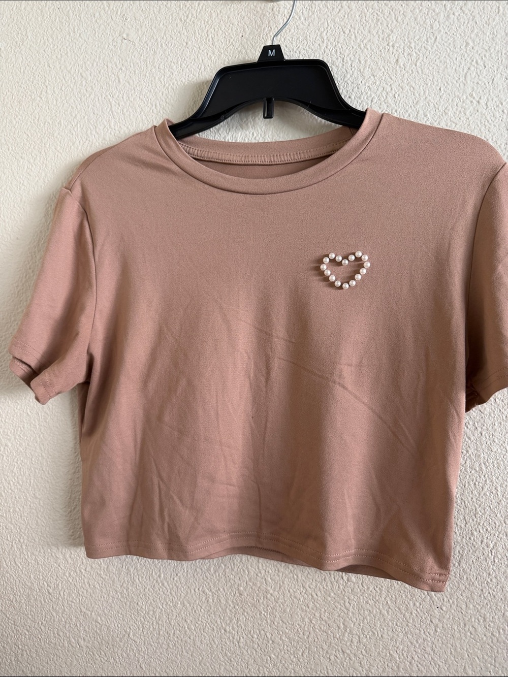 SHEIN Dusty Pink Pearl Heart Crop Tee